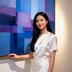 年轻女性艺术收藏者玛丽亚·陈的肖像，她站在一幅当代抽象画前，神情自信而优雅